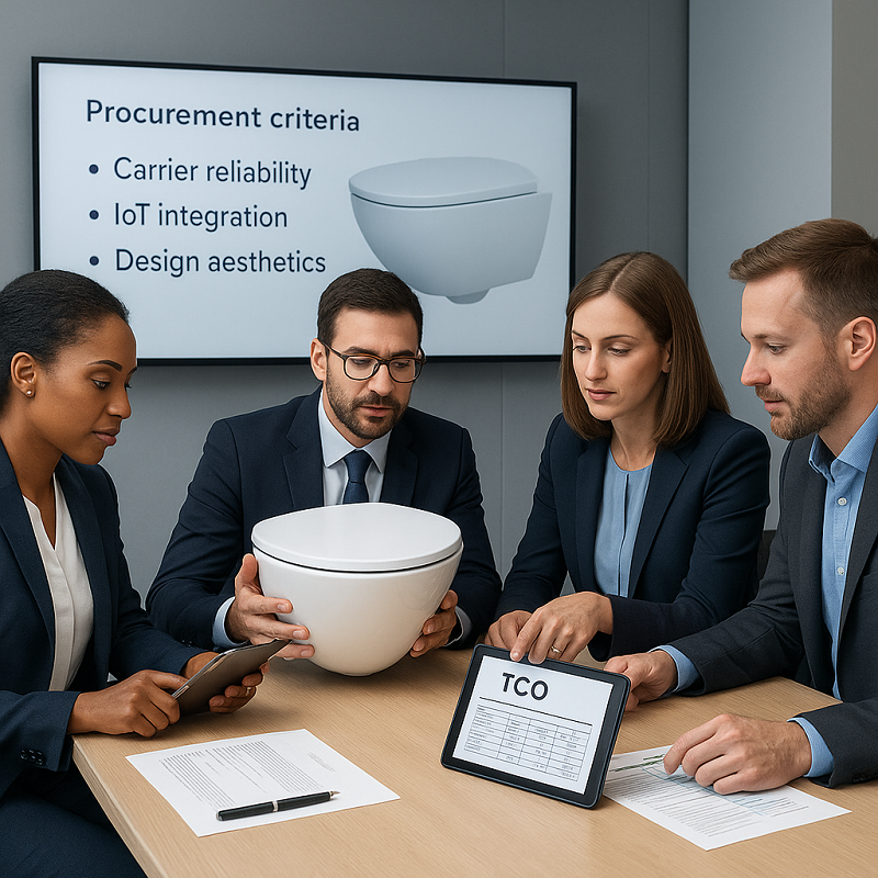 Commercial procurement team evaluates wall-hung toilet specifications